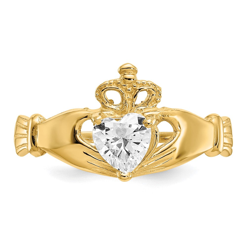 14K Yellow Gold CZ April Birthstone Claddagh Heart Ring