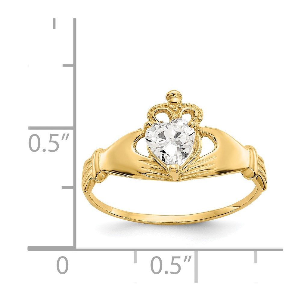 14K Yellow Gold CZ April Birthstone Claddagh Heart Ring