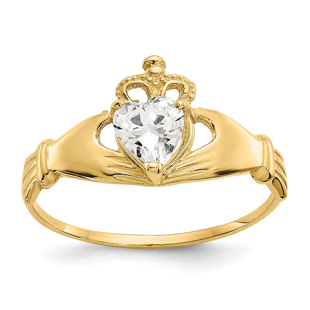 14K Yellow Gold CZ April Birthstone Claddagh Heart Ring