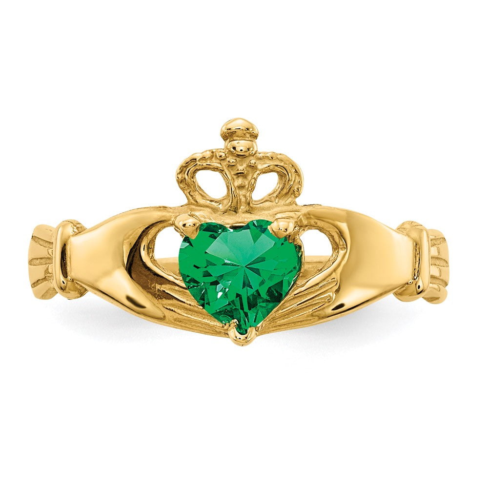 14K Yellow Gold CZ May Birthstone Claddagh Heart Ring