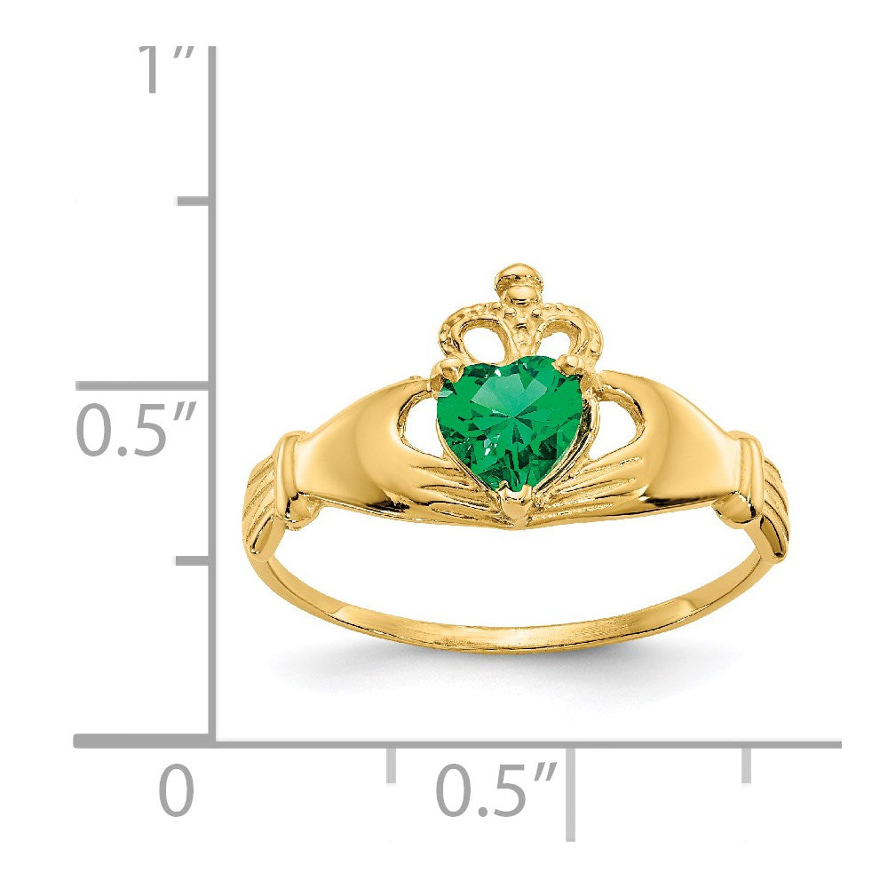 14K Yellow Gold CZ May Birthstone Claddagh Heart Ring