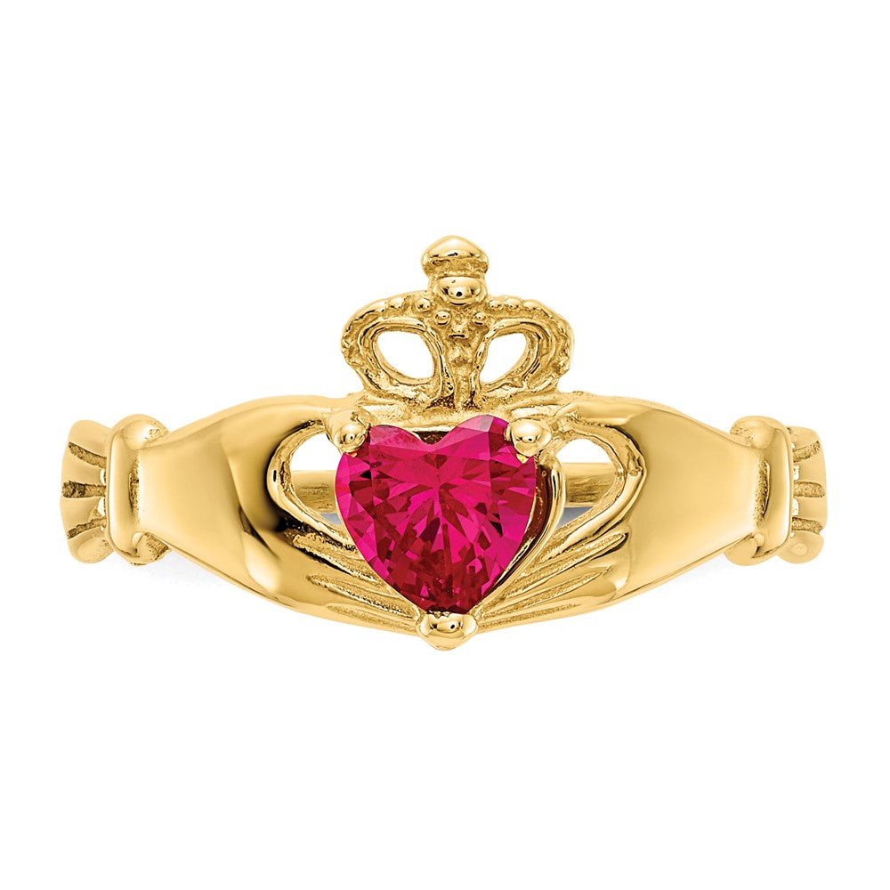 14K Yellow Gold CZ July Birthstone Claddagh Heart Ring