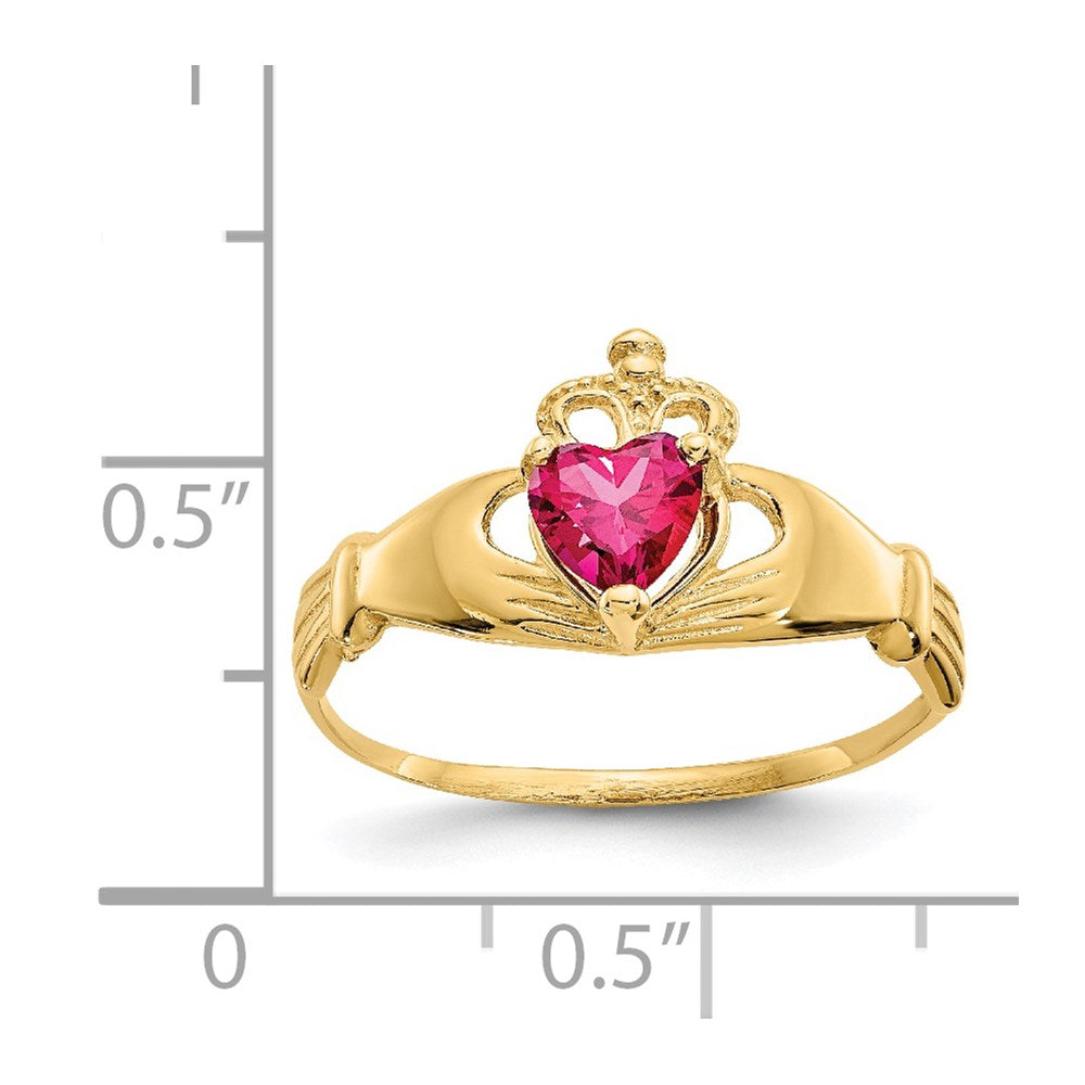 14K Yellow Gold CZ July Birthstone Claddagh Heart Ring