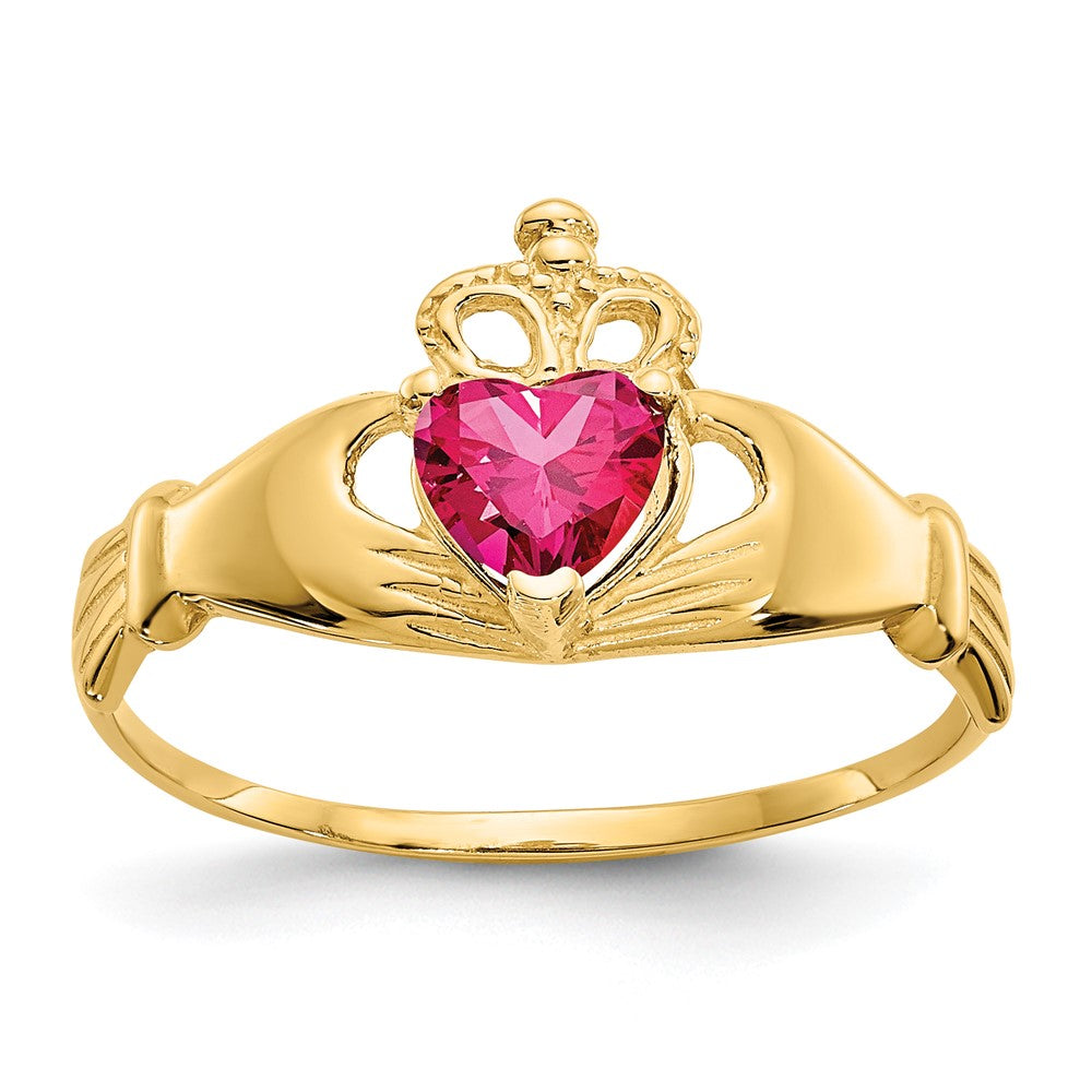 14K Yellow Gold CZ July Birthstone Claddagh Heart Ring