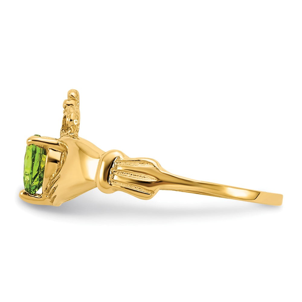 14K Yellow Gold CZ August Birthstone Claddagh Heart Ring