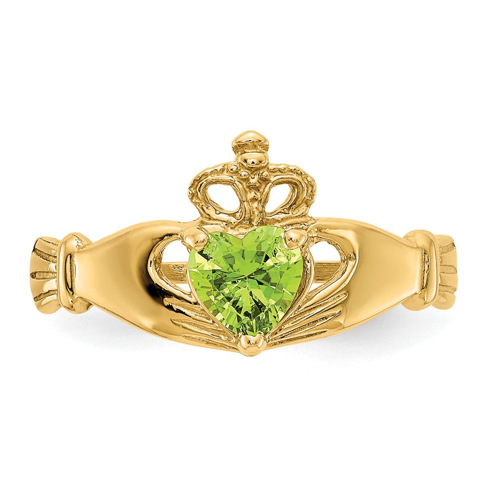 14K Yellow Gold CZ August Birthstone Claddagh Heart Ring