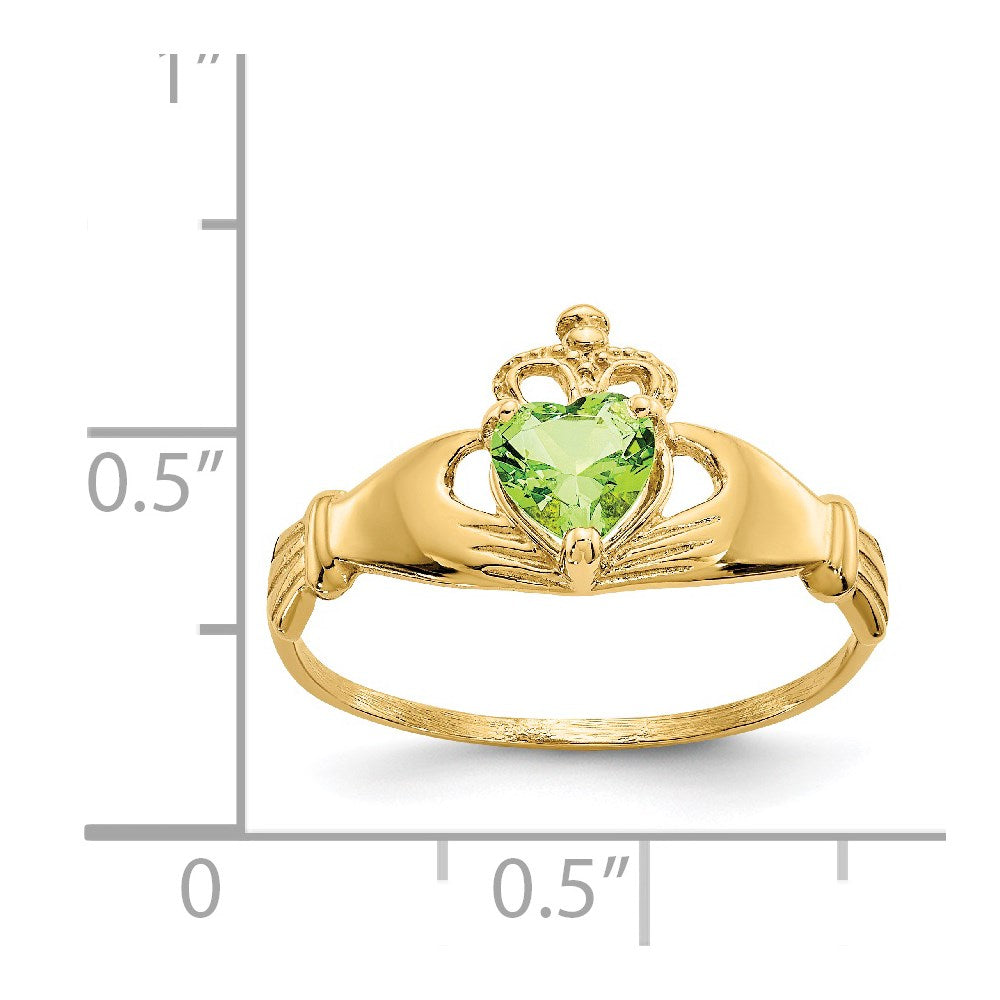 14K Yellow Gold CZ August Birthstone Claddagh Heart Ring