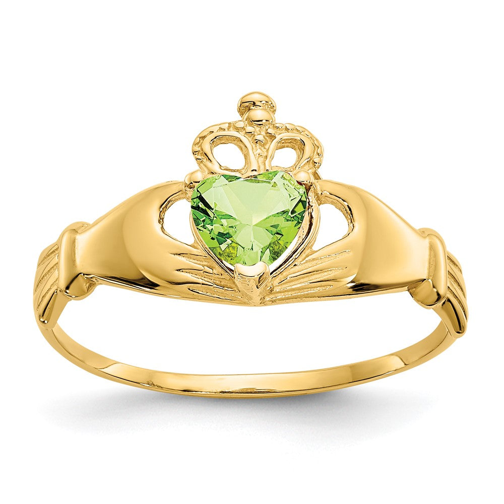 14K Yellow Gold CZ August Birthstone Claddagh Heart Ring