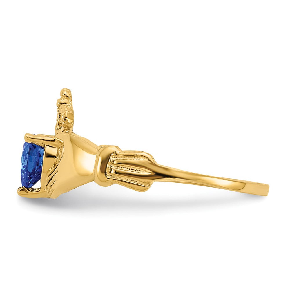 14K Yellow Gold CZ September Birthstone Claddagh Heart Ring