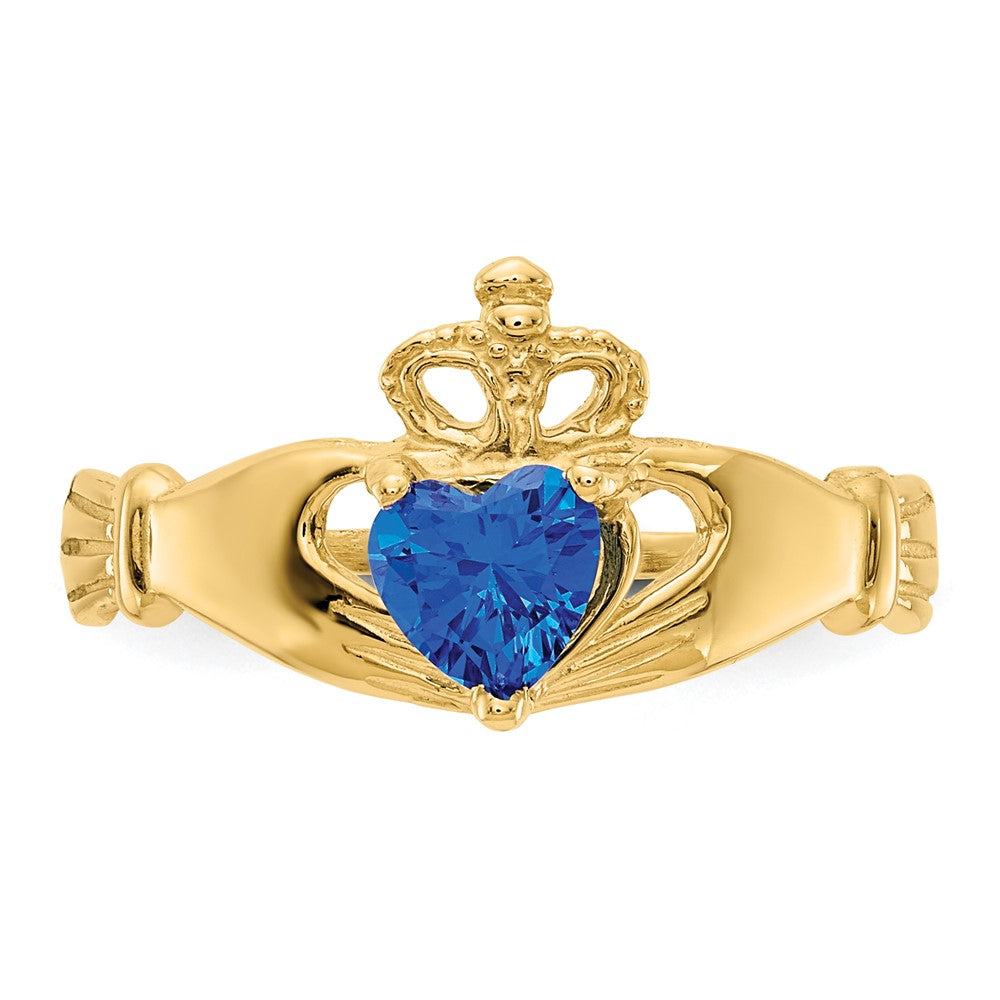 14K Yellow Gold CZ September Birthstone Claddagh Heart Ring