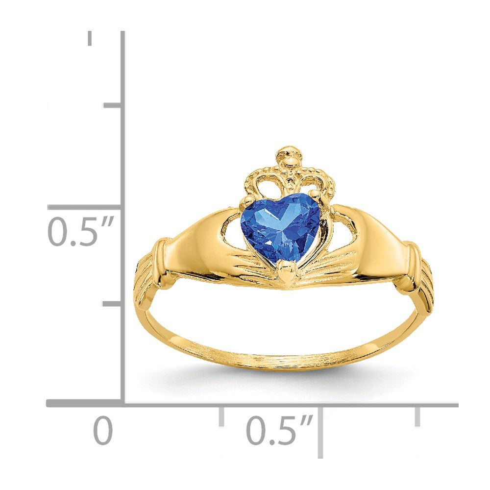 14K Yellow Gold CZ September Birthstone Claddagh Heart Ring