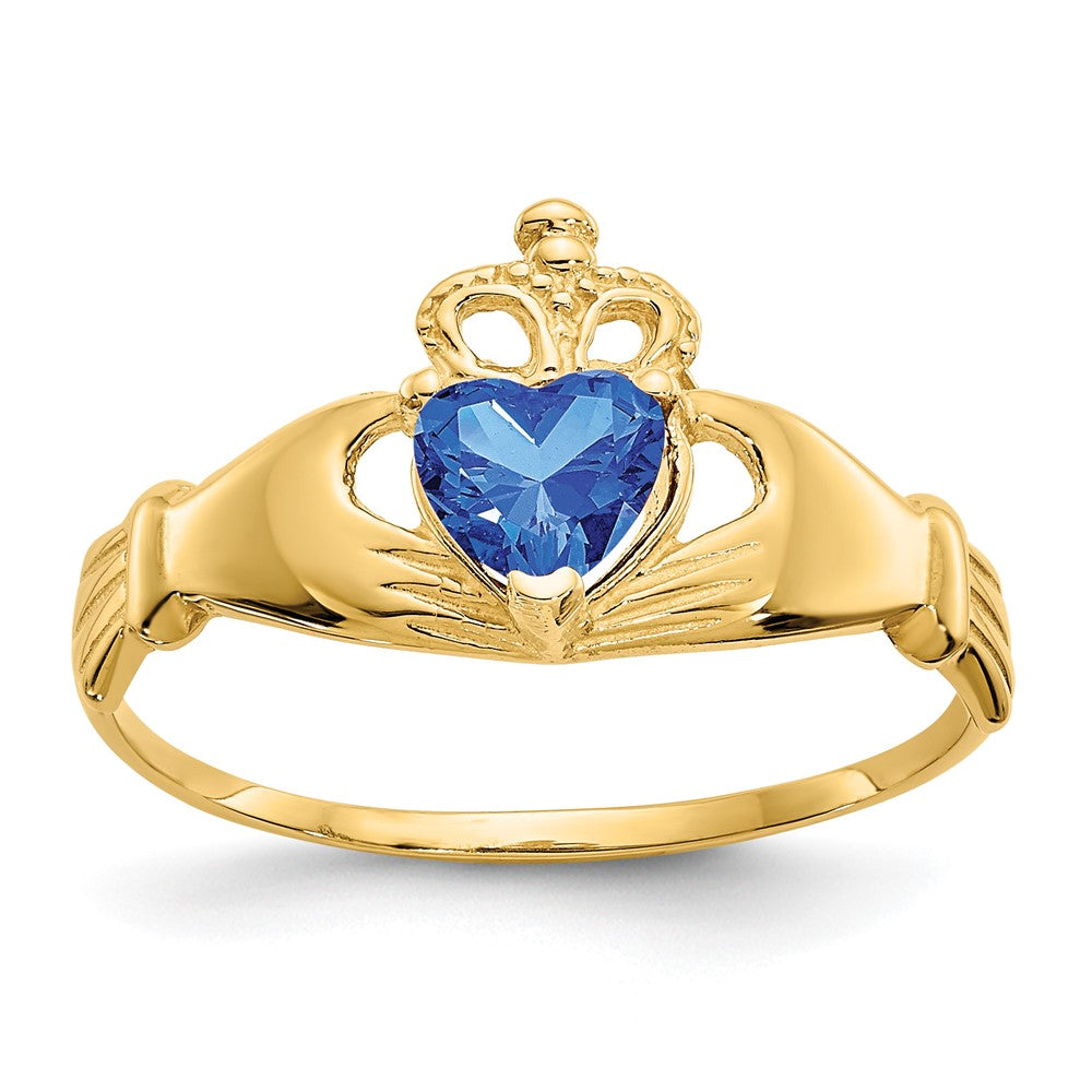 14K Yellow Gold CZ September Birthstone Claddagh Heart Ring