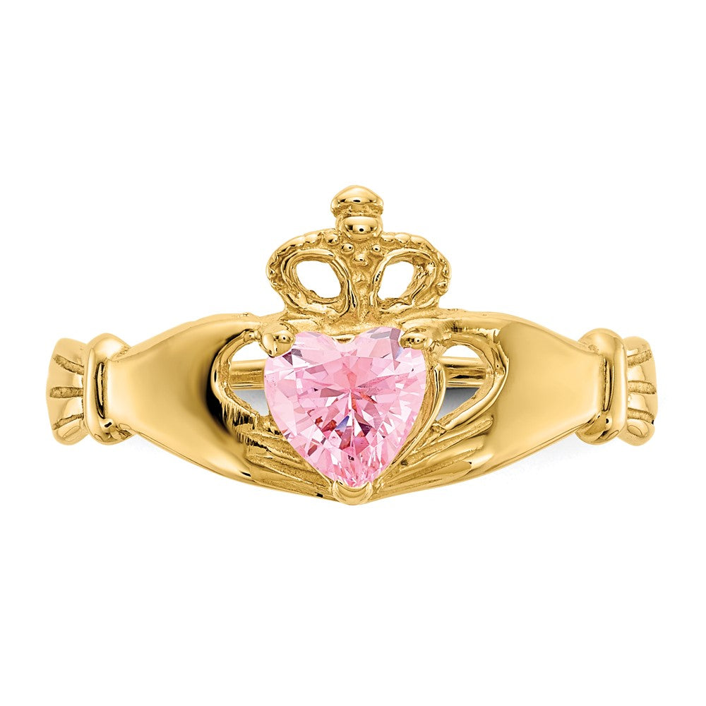 14K Yellow Gold CZ October Birthstone Claddagh Heart Ring