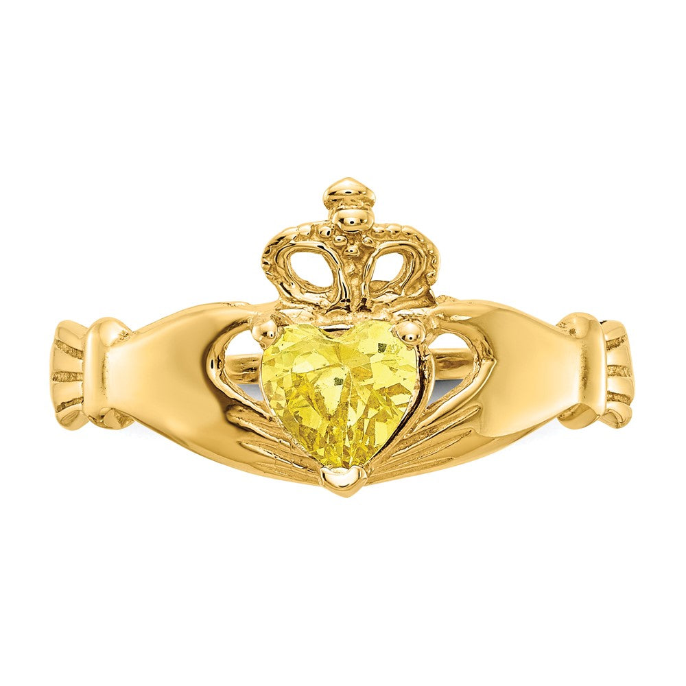 14K Yellow Gold CZ November Birthstone Claddagh Heart Ring