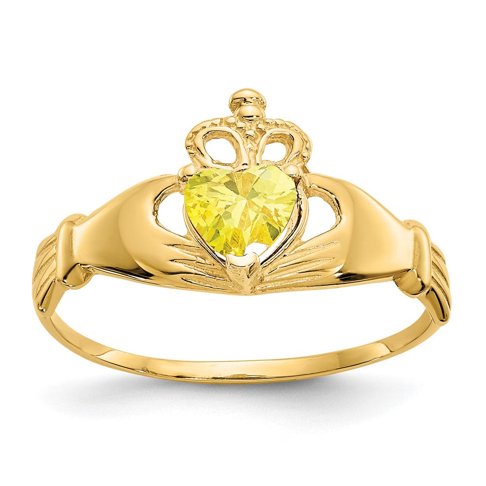 14K Yellow Gold CZ November Birthstone Claddagh Heart Ring