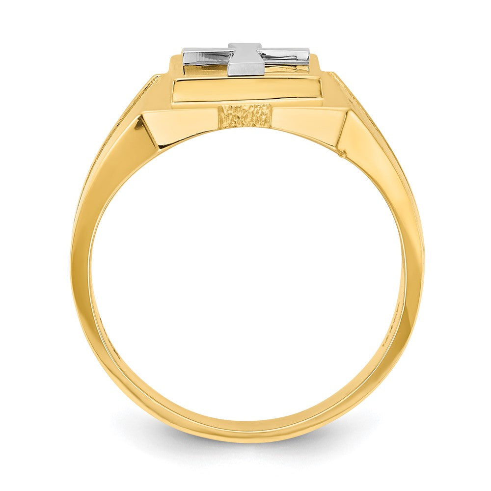 14k Two-Tone Gold Polished Cross on Top Mens Ring