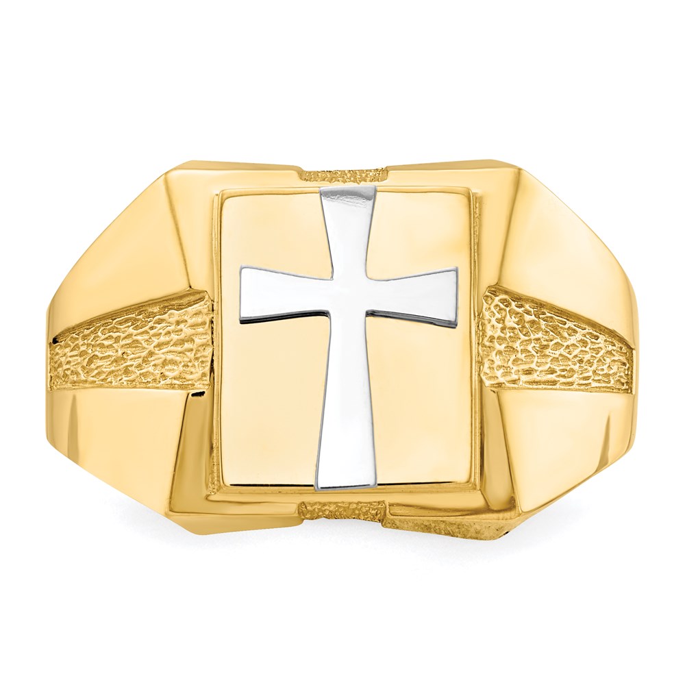 14k Two-Tone Gold Polished Cross on Top Mens Ring