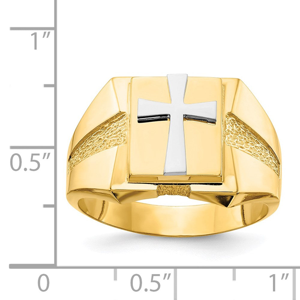 14k Two-Tone Gold Polished Cross on Top Mens Ring