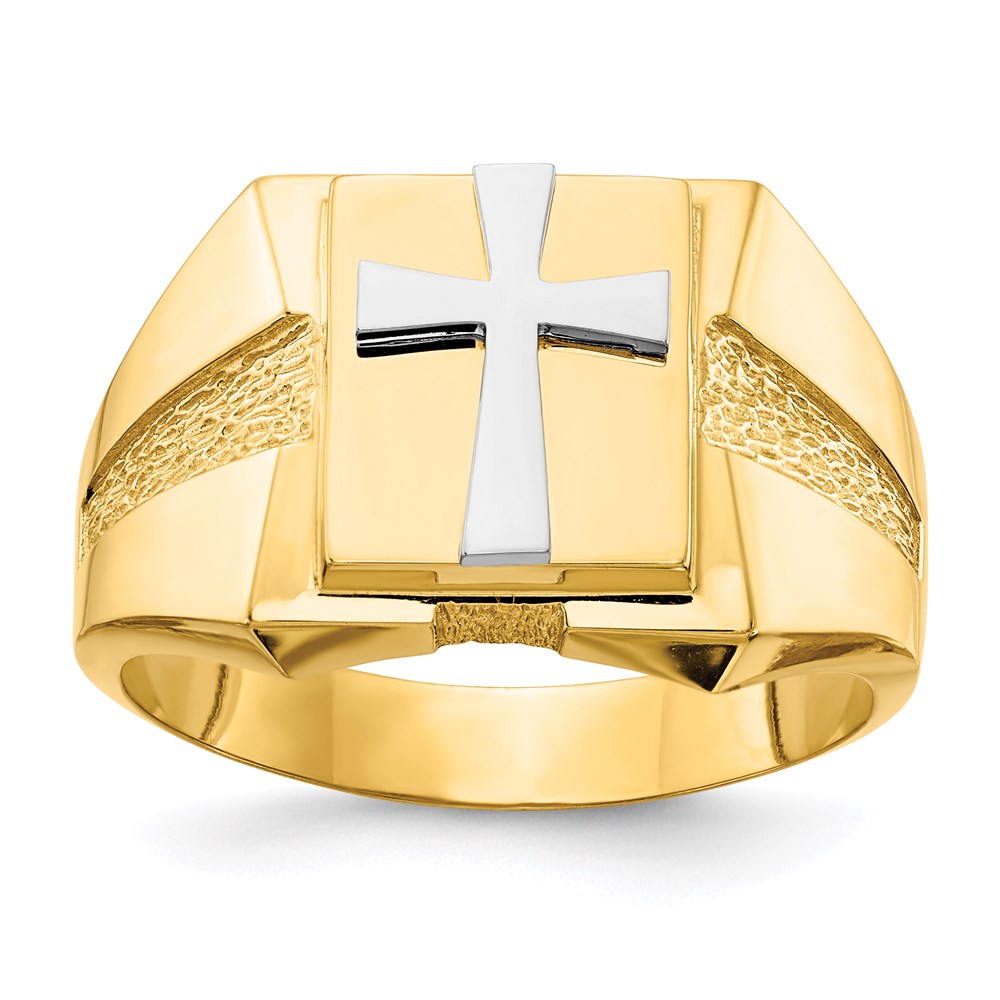 14k Two-Tone Gold Polished Cross on Top Mens Ring