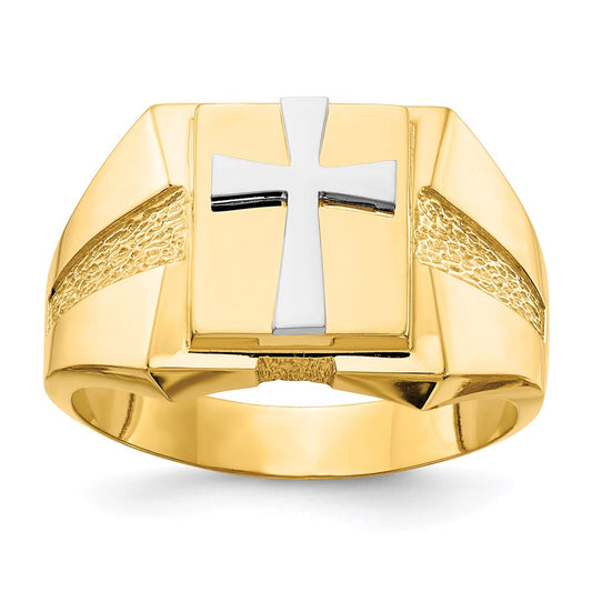 14k Two-Tone Gold Polished Cross on Top Mens Ring