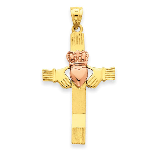 14k Rose Gold Two-tone Gold Claddagh Cross Pendant