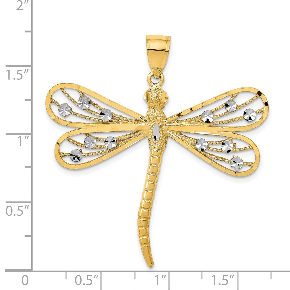 14k Yellow & Rhodium Gold w/Rhodium Diamond-cut Filigree Dragonfly Pendant