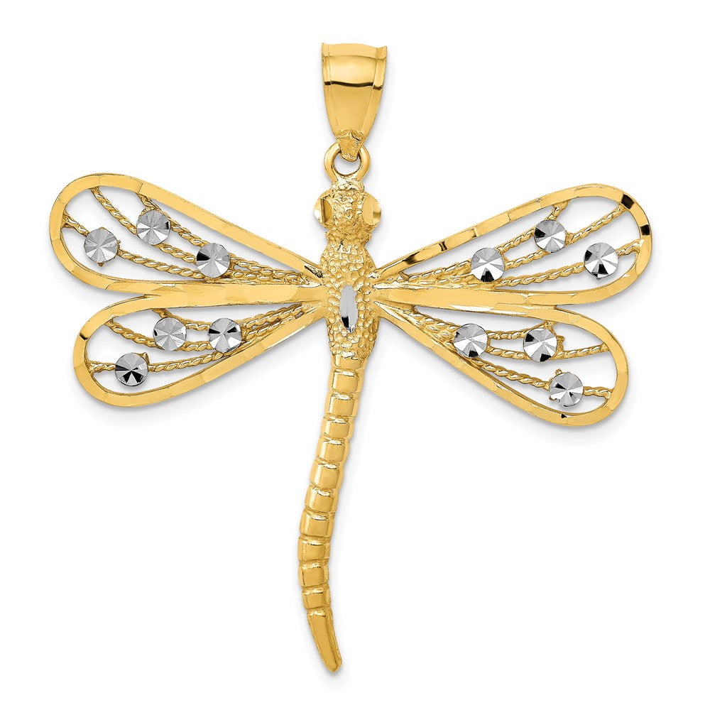 14k Yellow & Rhodium Gold w/Rhodium Diamond-cut Filigree Dragonfly Pendant