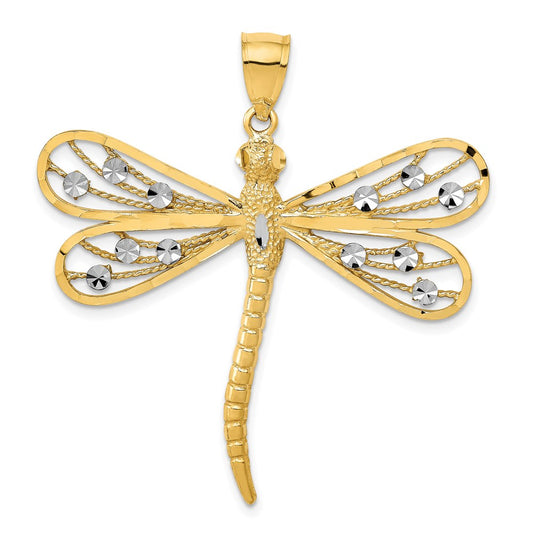 14k Yellow & Rhodium Gold w/Rhodium Diamond-cut Filigree Dragonfly Pendant