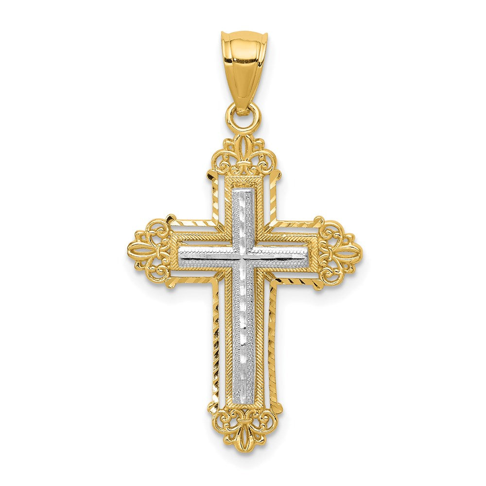 14k Two-tone Gold Fleur De Lis Cross Pendant