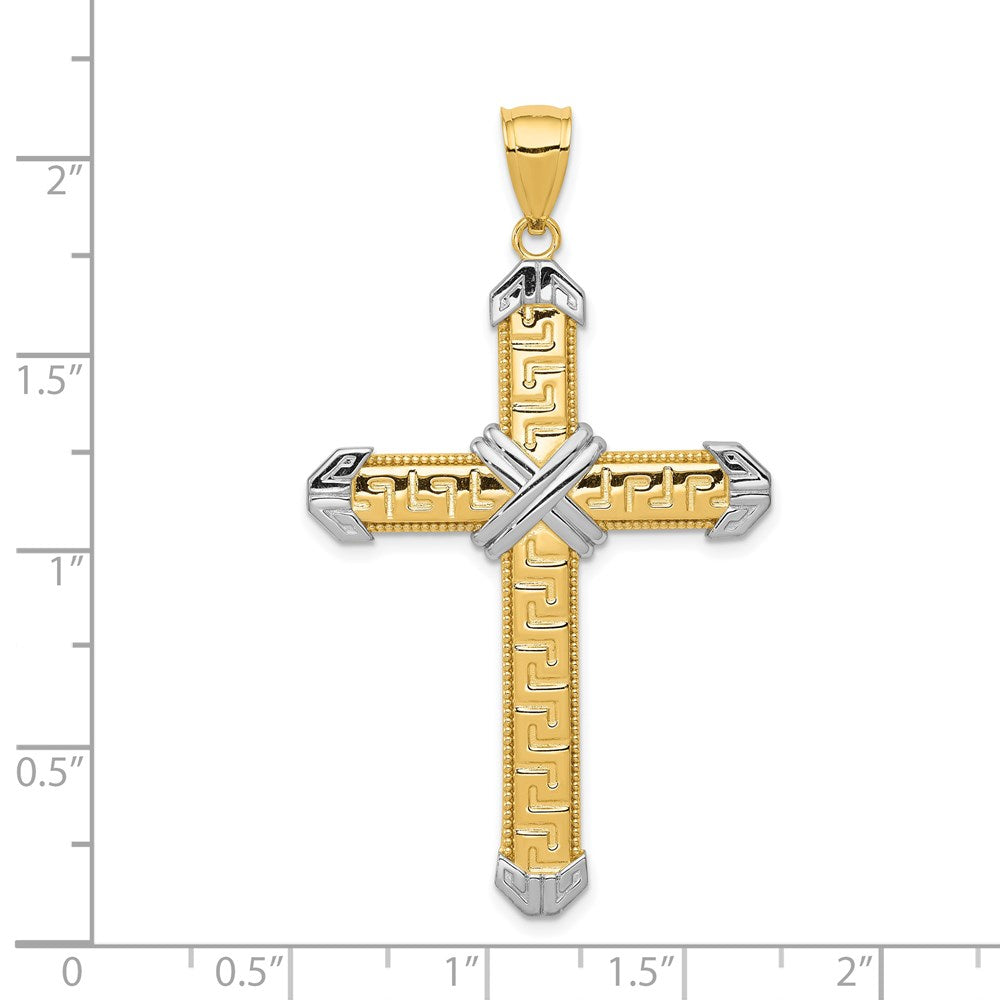 14k Yellow & Rhodium Gold And Rhodium Greek Key Cross Pendant