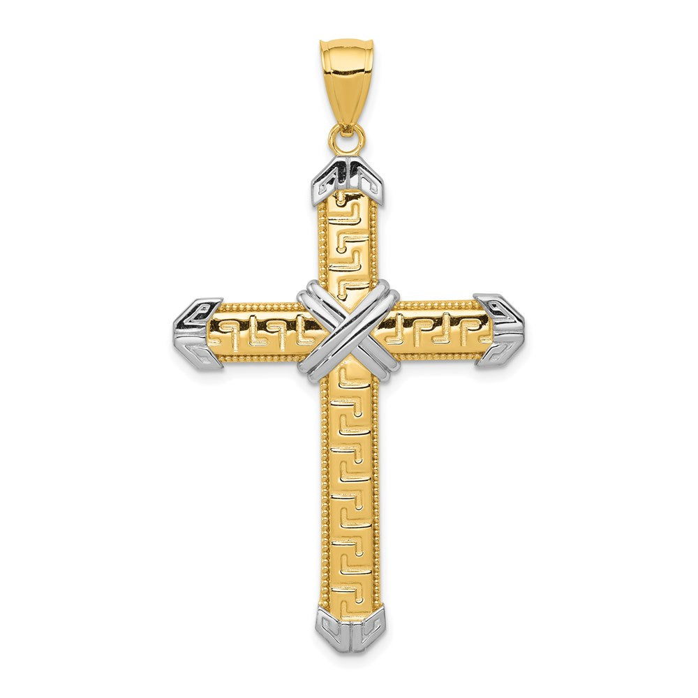 14k Yellow & Rhodium Gold And Rhodium Greek Key Cross Pendant