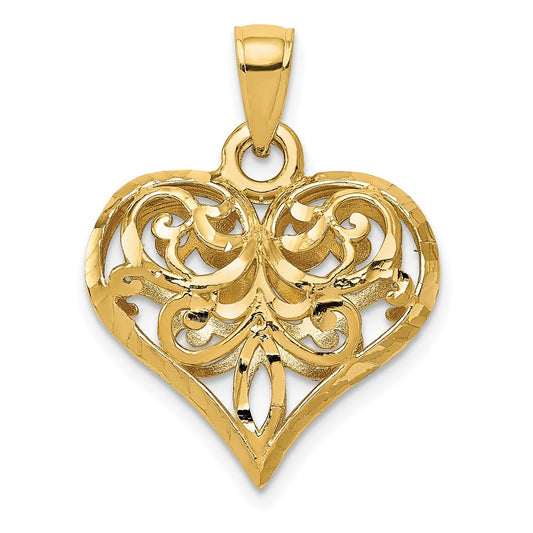 14k Yellow Gold Polished 3-D Filigree Puffed Heart Pendant