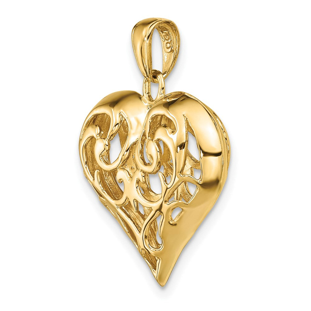 14k Yellow Gold Polished 3-D Filigree Puffed Heart Pendant