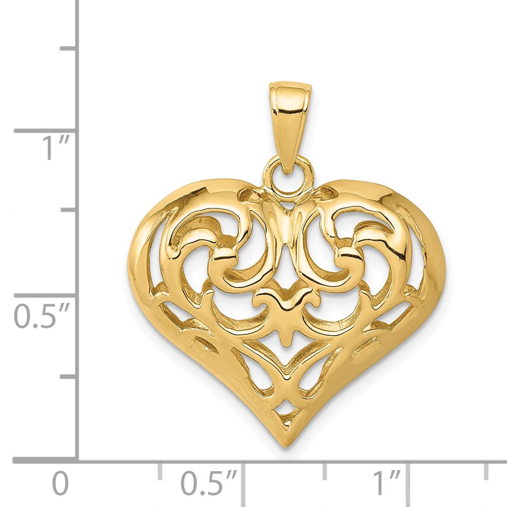 14k Yellow Gold Polished 3-D Filigree Puffed Heart Pendant