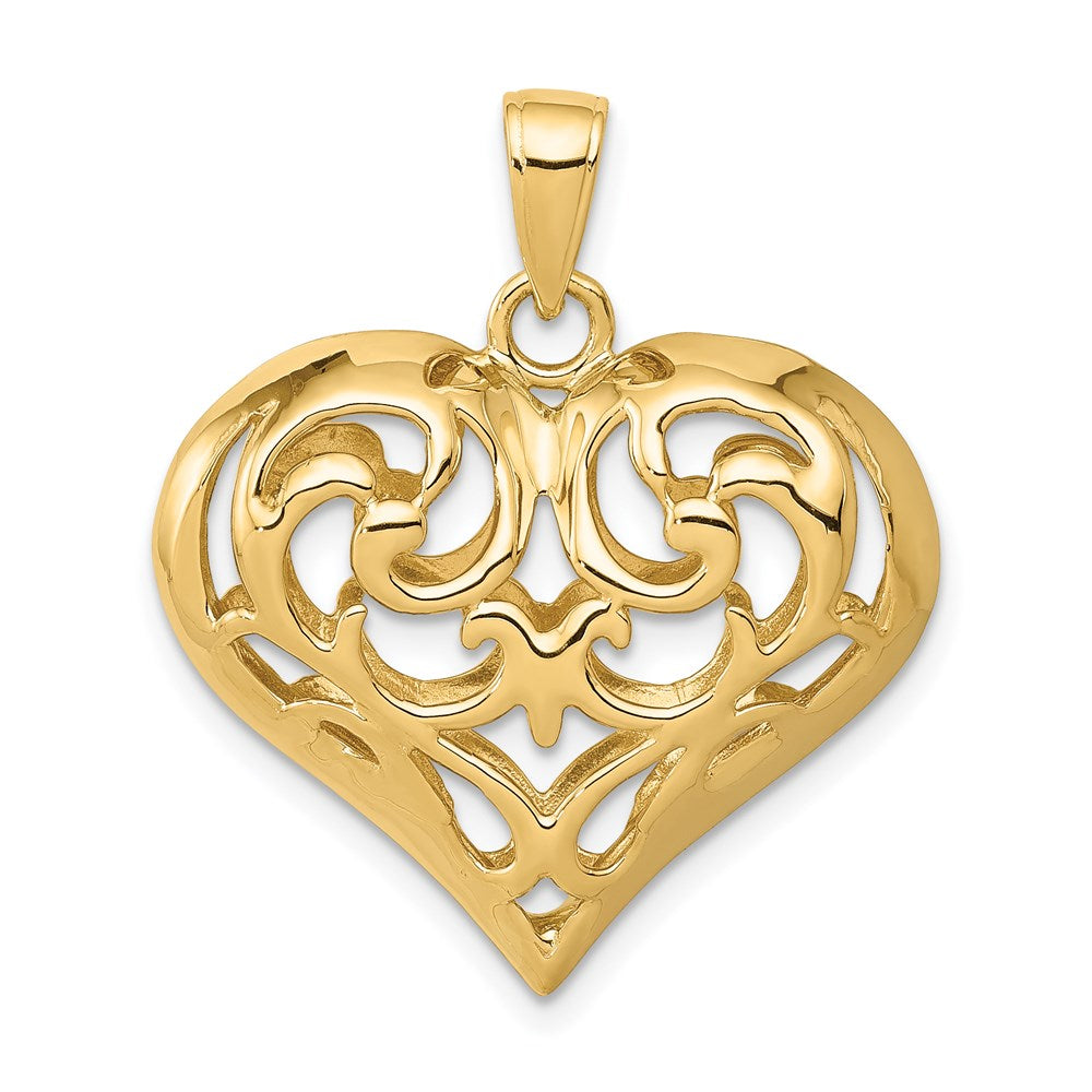 14k Yellow Gold Polished 3-D Filigree Puffed Heart Pendant