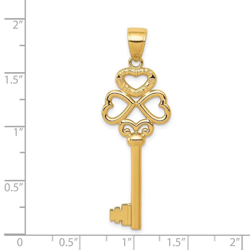 14k Yellow Gold Polished 3D Hearts KEY TO MY HEART Key Charm