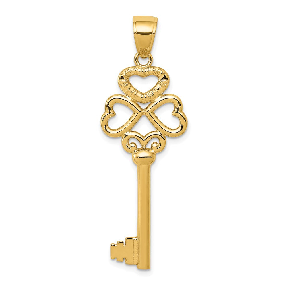 14k Yellow Gold Polished 3D Hearts KEY TO MY HEART Key Charm