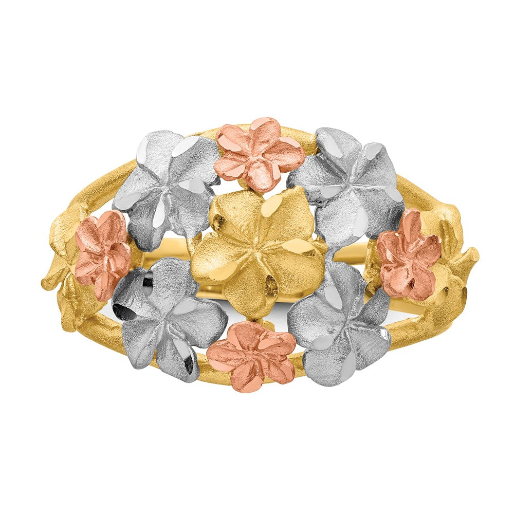 14K Two-Tone Gold & White Rhodium Brushed & Polished D/C Plumeria Ring