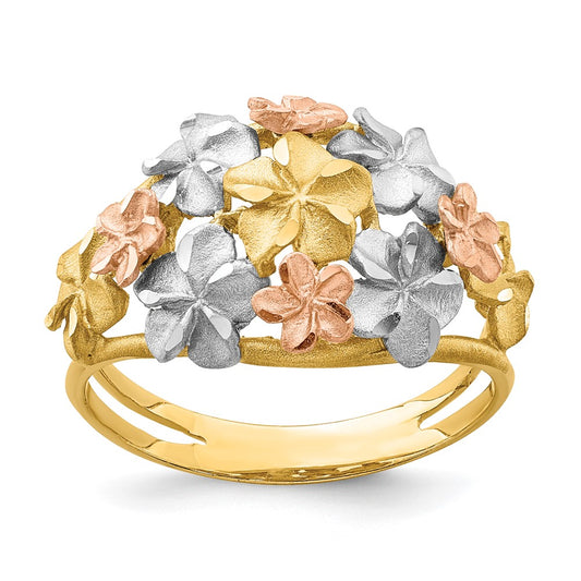 14K Two-Tone Gold & White Rhodium Brushed & Polished D/C Plumeria Ring