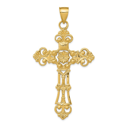 14k Yellow Gold Fleur De Lis Large Cross Pendant