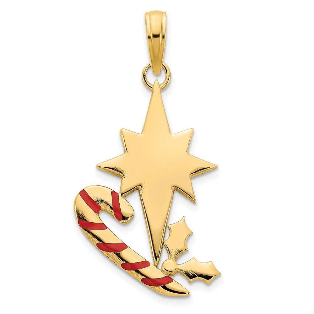 14k Yellow Gold Epoxy Candy Cane and North Star Pendant