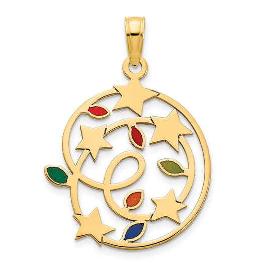 14k Yellow Gold Epoxy Christmas Lights and Stars Pendant