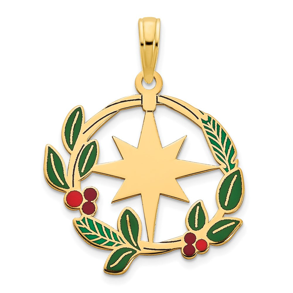 14k Yellow Gold Epoxy Mistletoe and North Star Circle Pendant