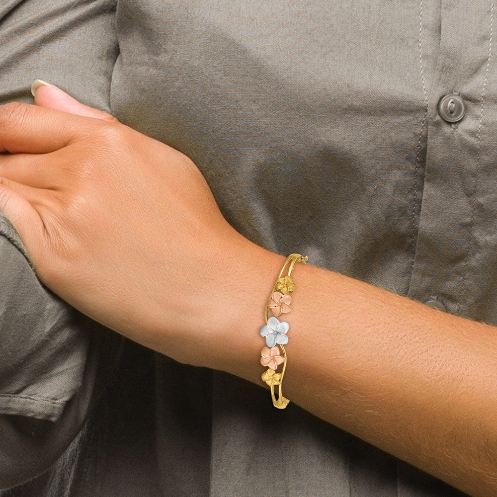 14k Tri-Color Gold Plumeria Hinged Bangle