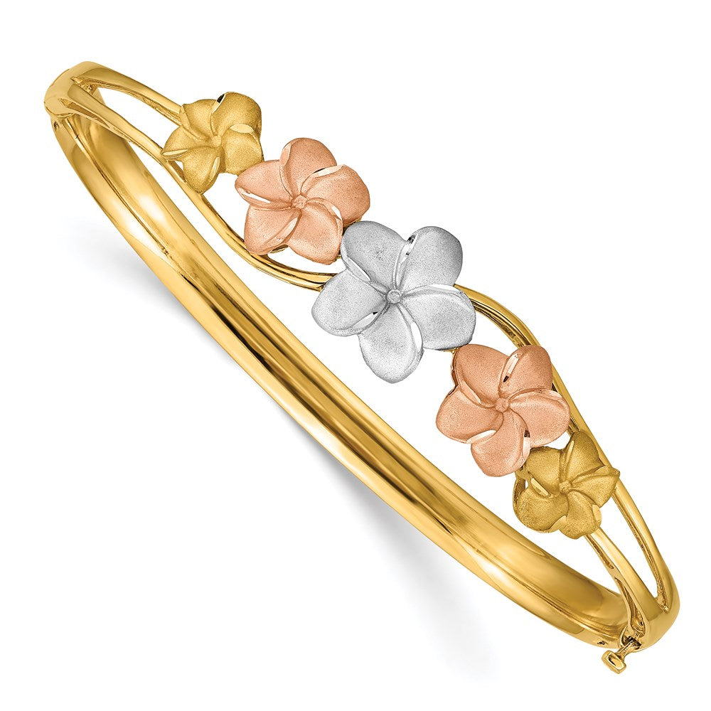 14k Tri-Color Gold Plumeria Hinged Bangle