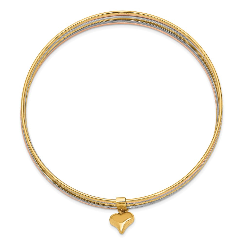 14k Tri-Color Gold w/Dangle Heart Tri-Color Gold Oversized Set of 7 Textured Slip-on Bangles