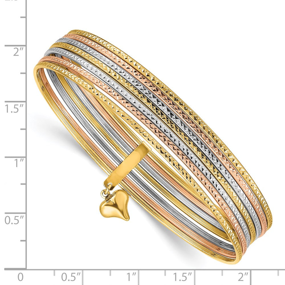 14k Tri-Color Gold w/Dangle Heart Tri-Color Gold Oversized Set of 7 Textured Slip-on Bangles