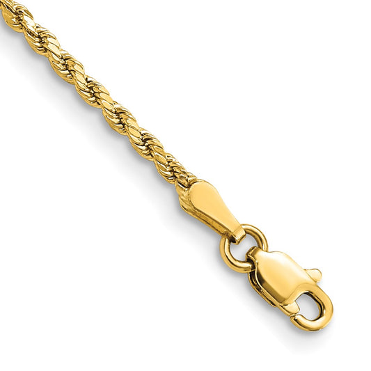 14K Yellow Gold 8 inch 2mm Semi Solid Diamond-cut Rope with Lobster Clasp Chain Bracelet