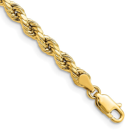 14K Yellow Gold 7 inch 4mm Semi Solid Diamond-cut Rope with Lobster Clasp Chain Bracelet