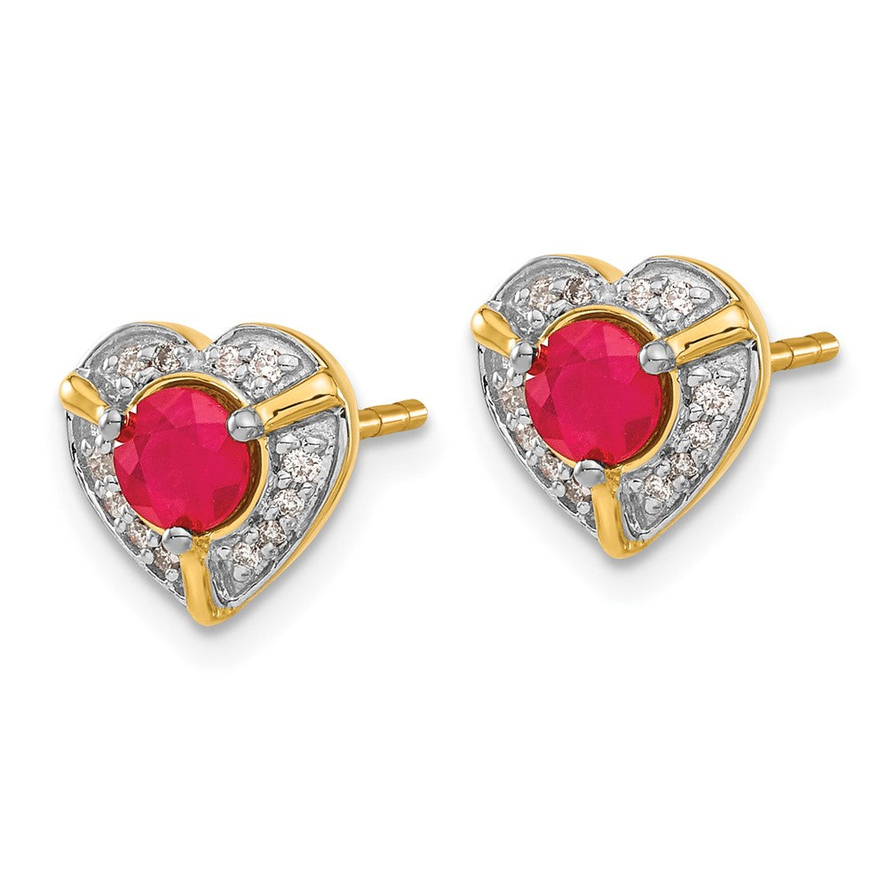 Solid 14k Yellow Gold Simulated CZ and Ruby Fancy Heart Earrings